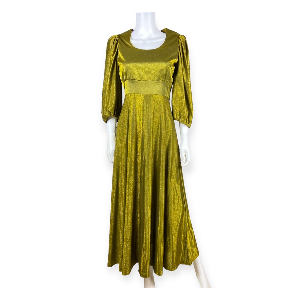 Vintage 1970s Green Metallic Handmade Puff Sleeve Dress